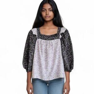 Carolina Belle Blouse Boho Peasant Floral Puff Sleeve Cottage Top Small